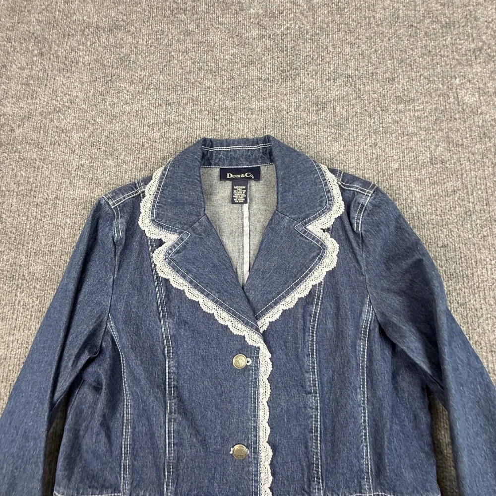 Denim & Co. Blazer Jacket Womens Medium Blue Denim Lace Trim Button Front Boho - Picture 4 of 15